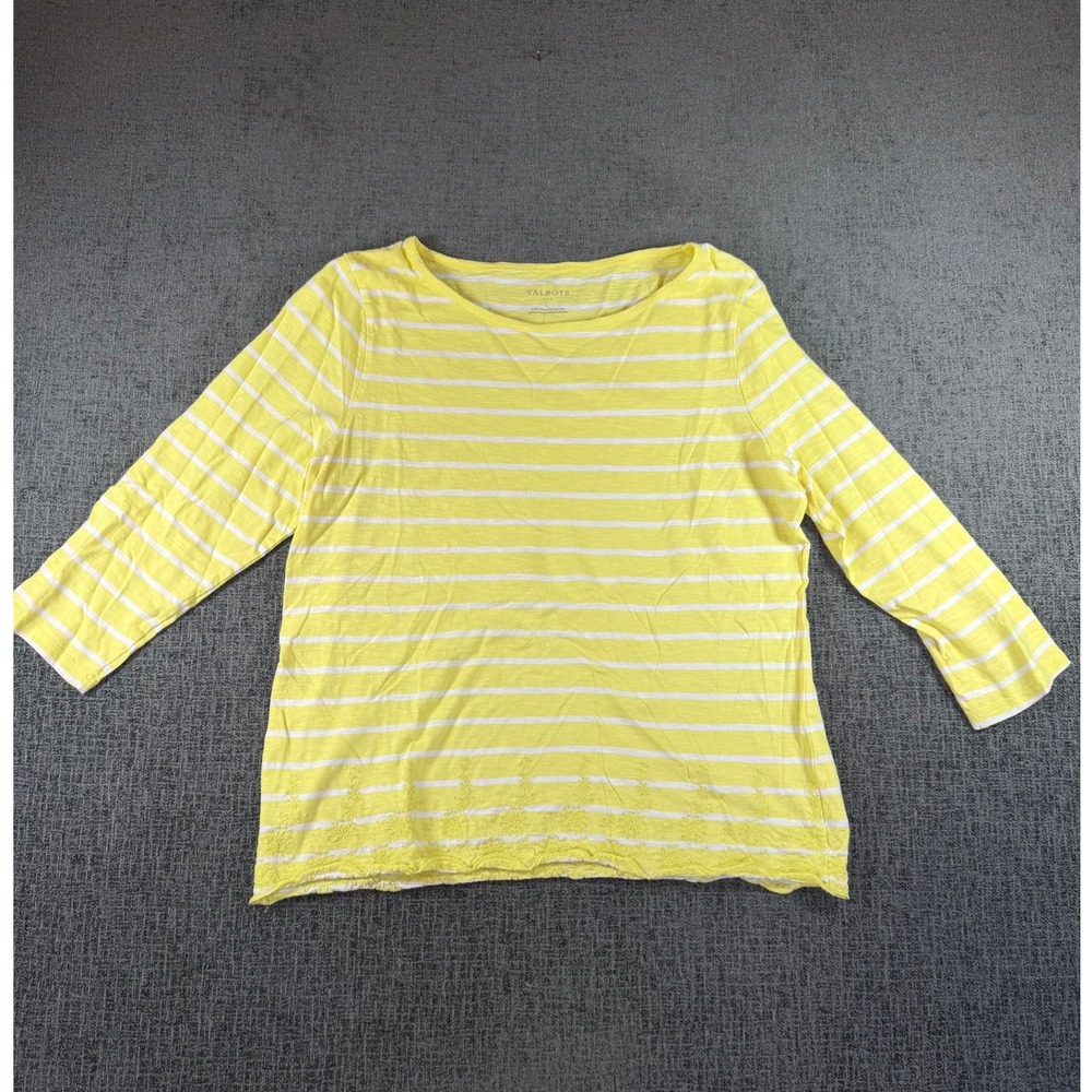 Talbots Womens Yellow White Striped Embroidered Scallop Hem Cotton Top Large